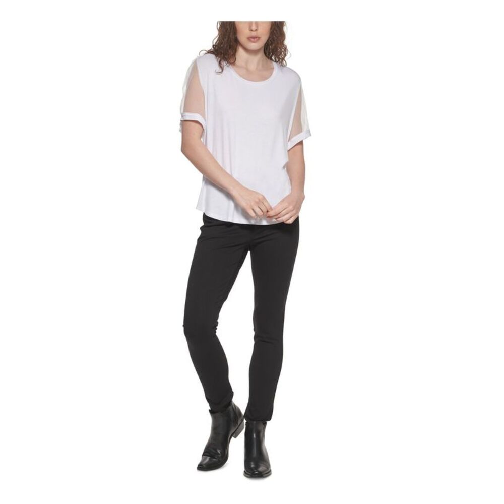 DKNY Womens White Stretch Pouf Sleeve Scoop Neck Top XS